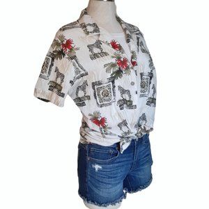 VTG 80's Safari Inspired Zebra Lion Print Button Up T Shirt